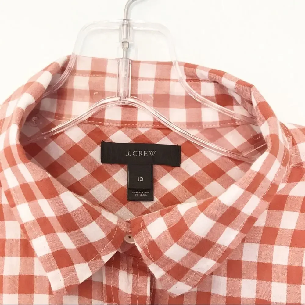 J.Crew Tie-Front Gingham Stretch Cotton Shirt Brick Rust Red Long Sleeve Size 10